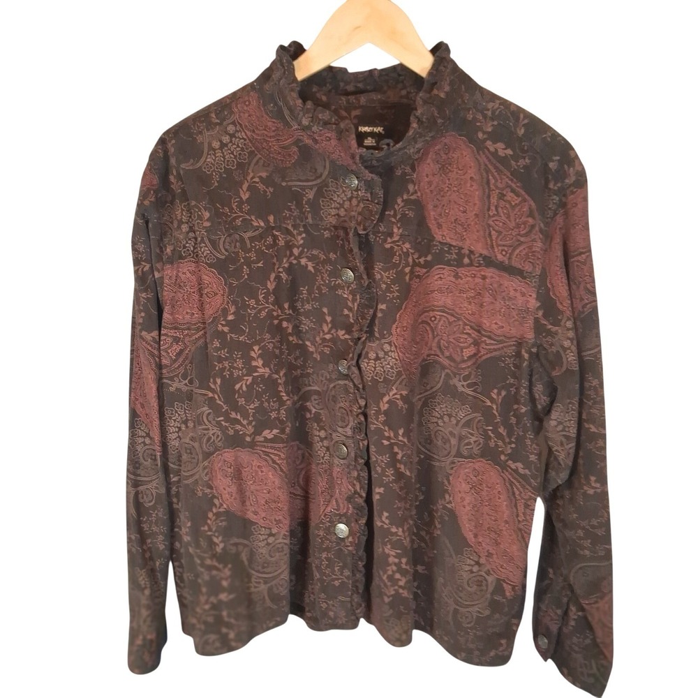 Krazy Kat Shirt Jacket XL  Dark Floral‎ Brown Corduroy Cottagecore Western Boho